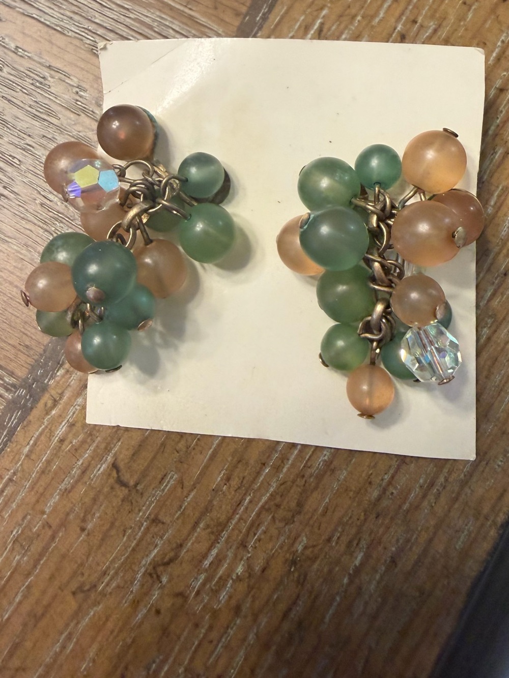 Vintage Green and Peach Bead Cha Cha Cluster Drop Earrings